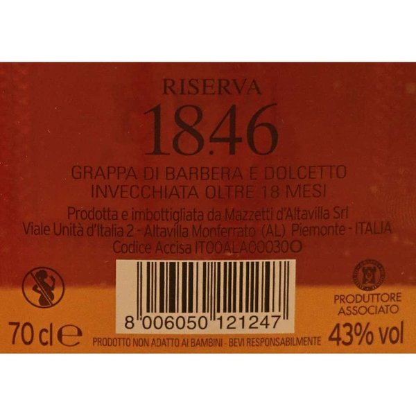 Mazzetti Grappa RISERVA 18.46 di Barbera e Dolcetto